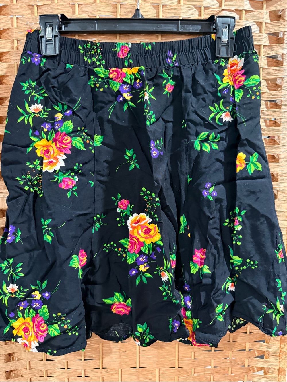 Black Floral A-Line Skirt with Elastic Waist